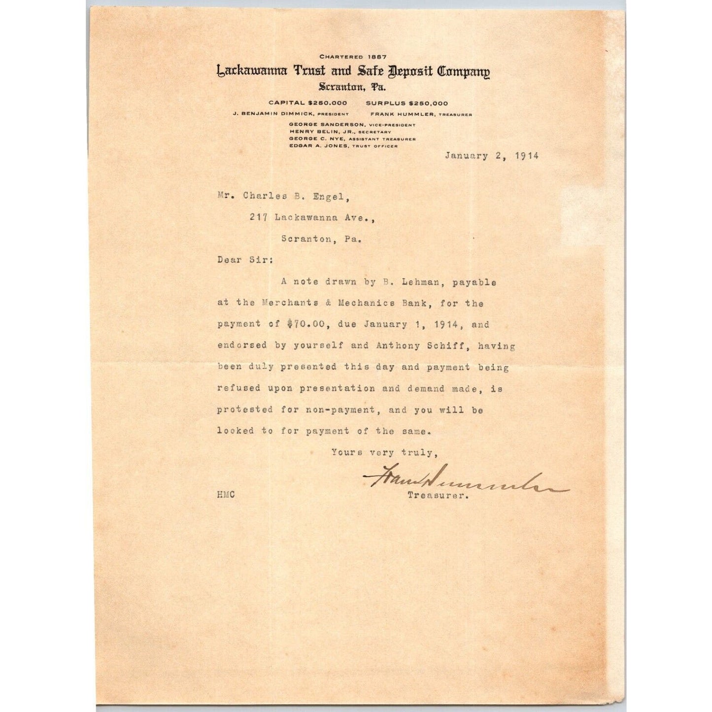 Lackawanna Trust and Safe Deposit Box Company 1914 "Engel" Letterhead