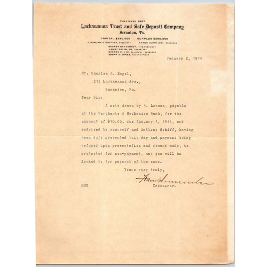 Lackawanna Trust and Safe Deposit Box Company 1914 "Engel" Letterhead