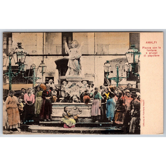 Italian Postcard Amalfi Square Fountain Group of Commoners 1901-1907 NP VGC