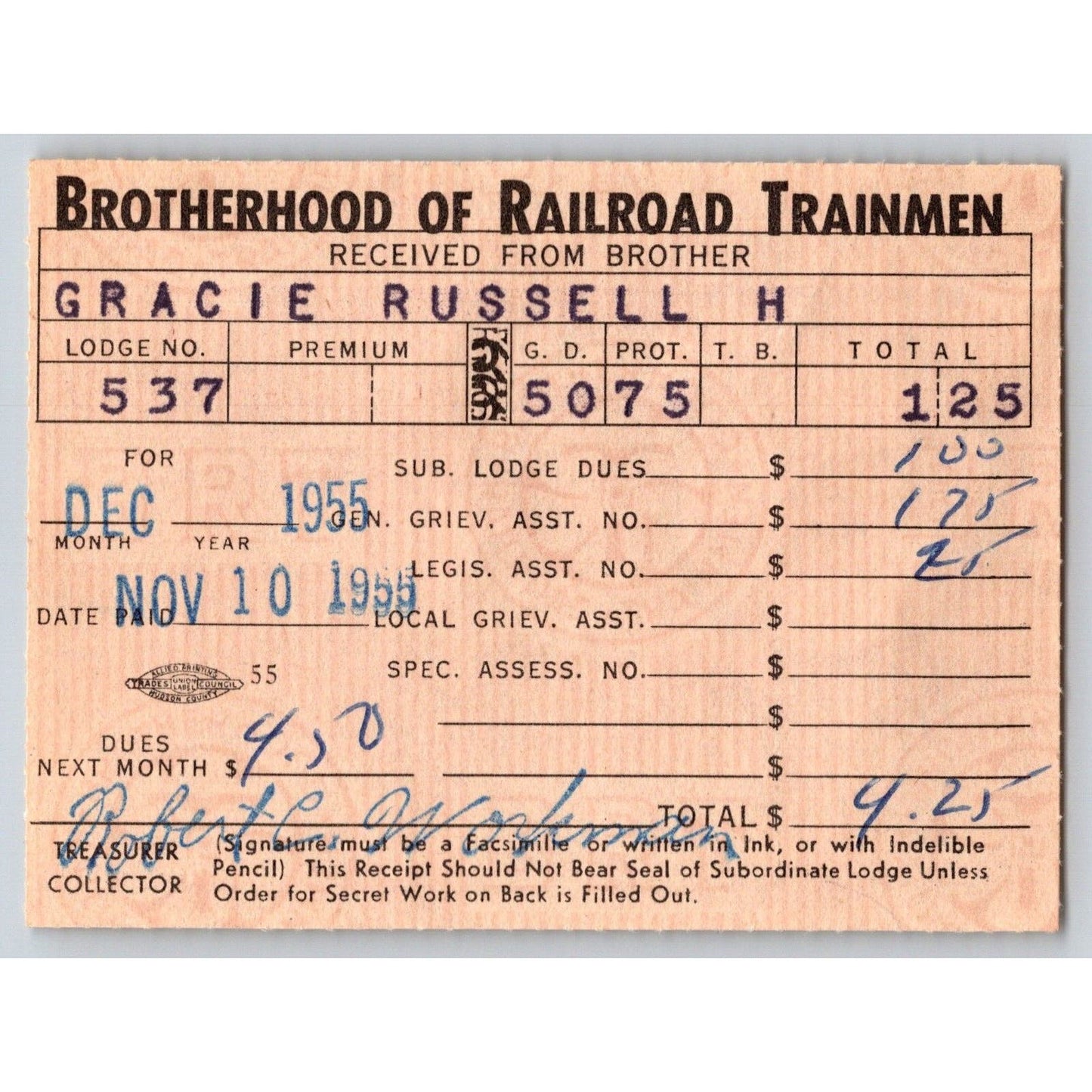 Brotherhood of Railroad Trainmen Lodge #537 1955 Dues Receipt