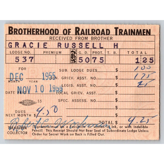 Brotherhood of Railroad Trainmen Lodge #537 1955 Dues Receipt