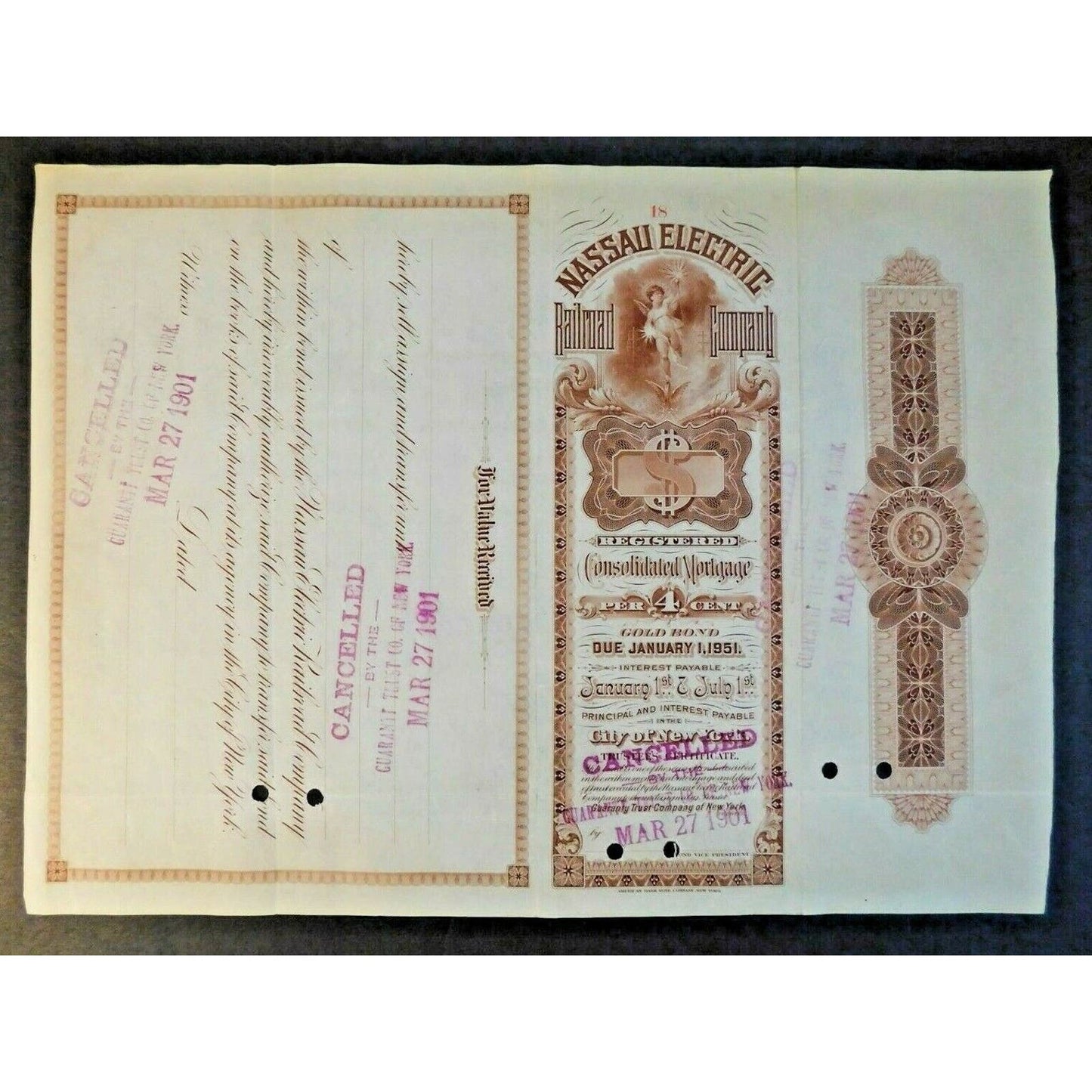 Large 1901 Stock Cert. Bond "Nassau Electric Railroad Co" Brooklyn, NY #18