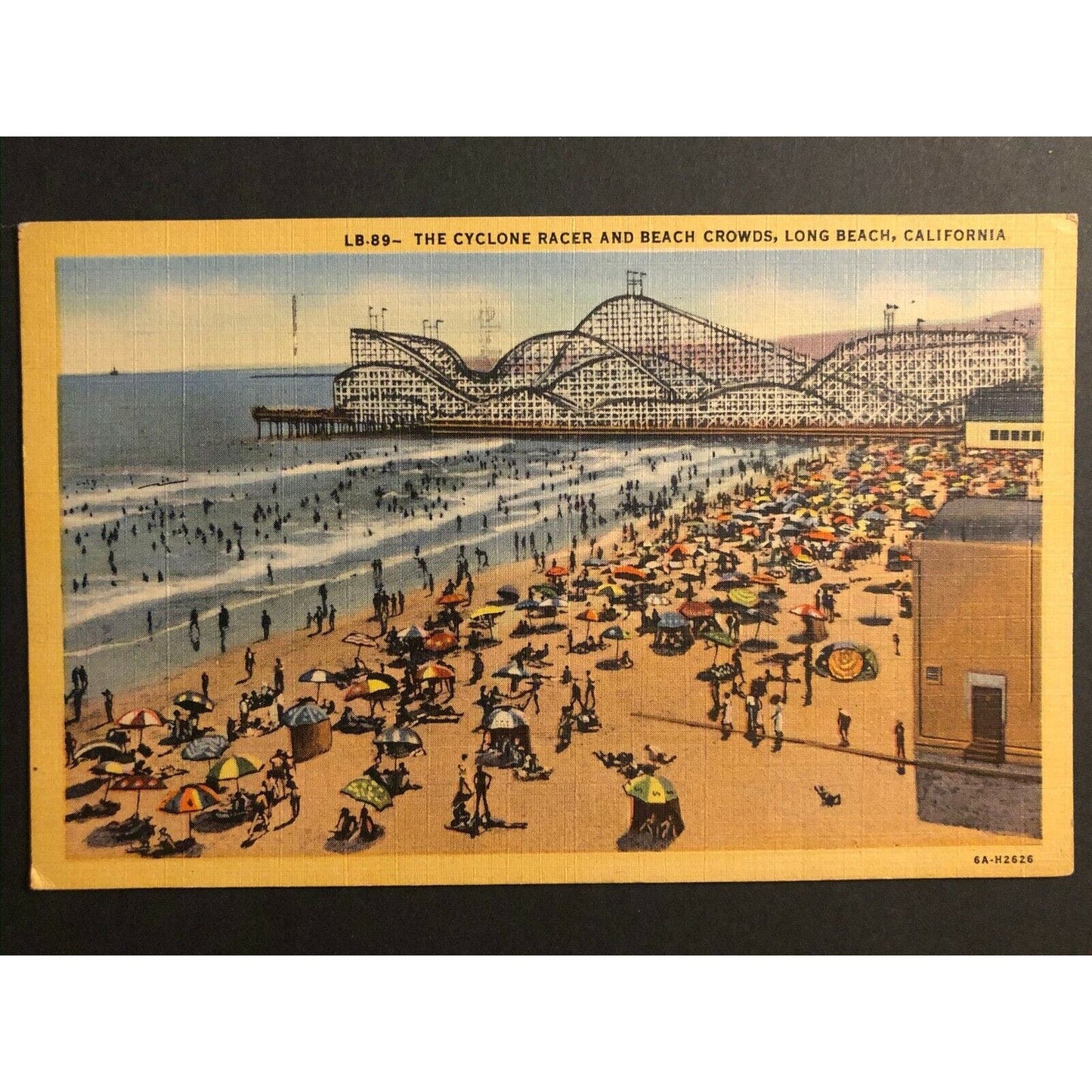 Vintage Linen Postcard - The Cyclone Racer and Beach Crowds Long Beach, CA