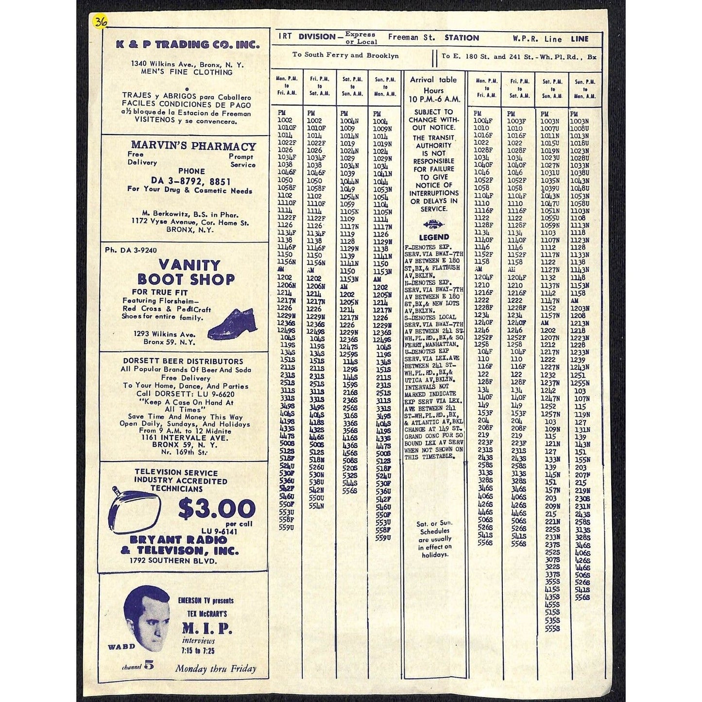 1955 New York Transit Schedule Freeman St. W.P.R. (White Plains Line) Local Ads
