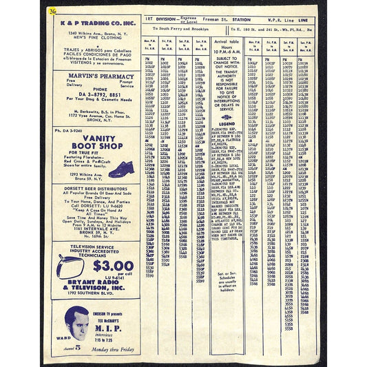 1955 New York Transit Schedule Freeman St. W.P.R. (White Plains Line) Local Ads