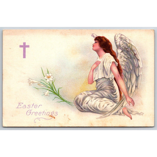 Easter Postcard "Easter Greetings" Cross Lilies Angel c1915-20