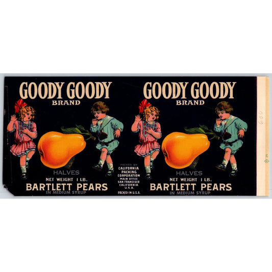 Goody Goody Bartlett Pears Paper Can Label Kids Dancing c1918-20's Scarce