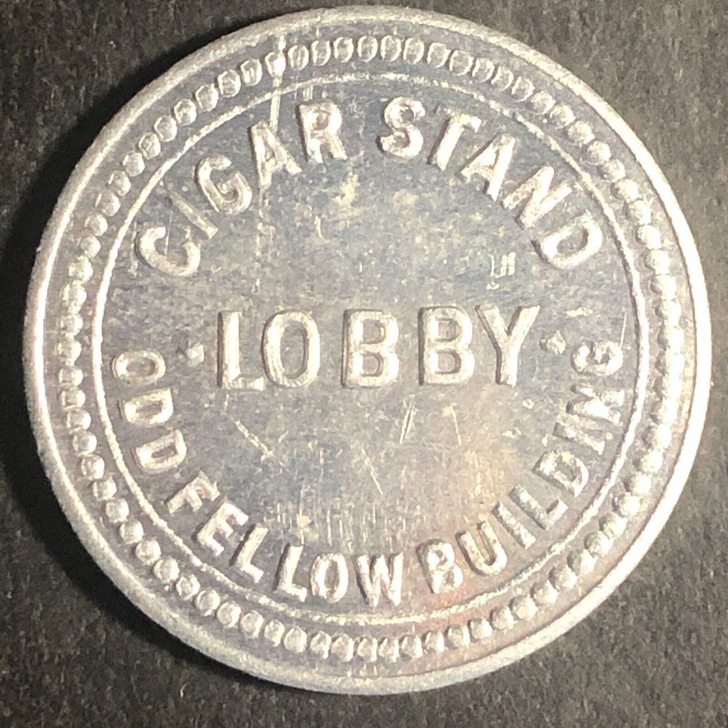 Lobby Cigar Stand Odd Fellows Bldg. Indianapolis G/F 5¢ Alum. Trade Token Scarce
