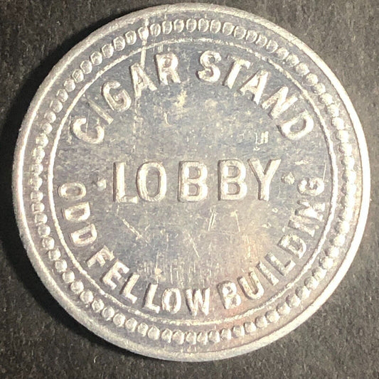 Lobby Cigar Stand Odd Fellows Bldg. Indianapolis G/F 5¢ Alum. Trade Token Scarce