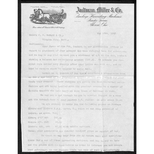 Aultman, Miller & Co. Buckeye Harvesting Akron, OH 1897 Letterhead S.R. Buford*