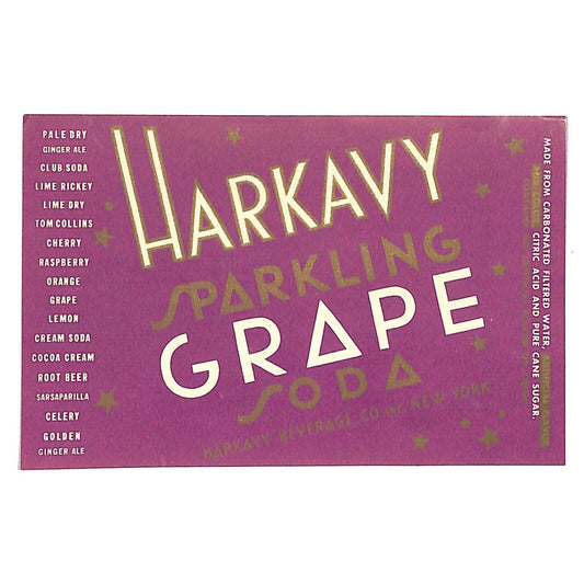 Harkavy Sparkling Grape Soda Paper Soda Label c1930's-40's