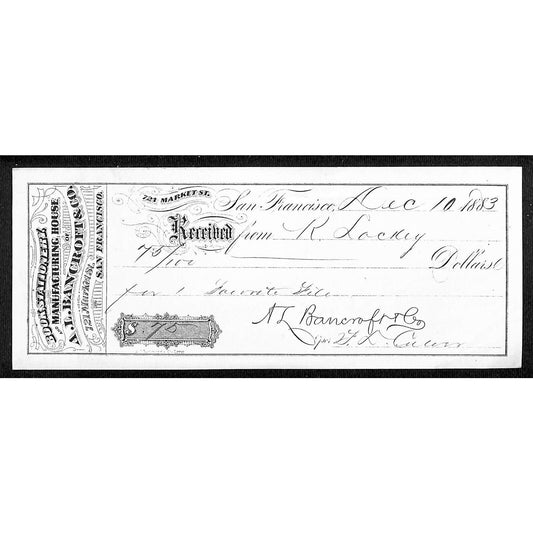 A.L. Bancroft & Co. Books Stationary Publisher San Francisco 1883 Receipt Check