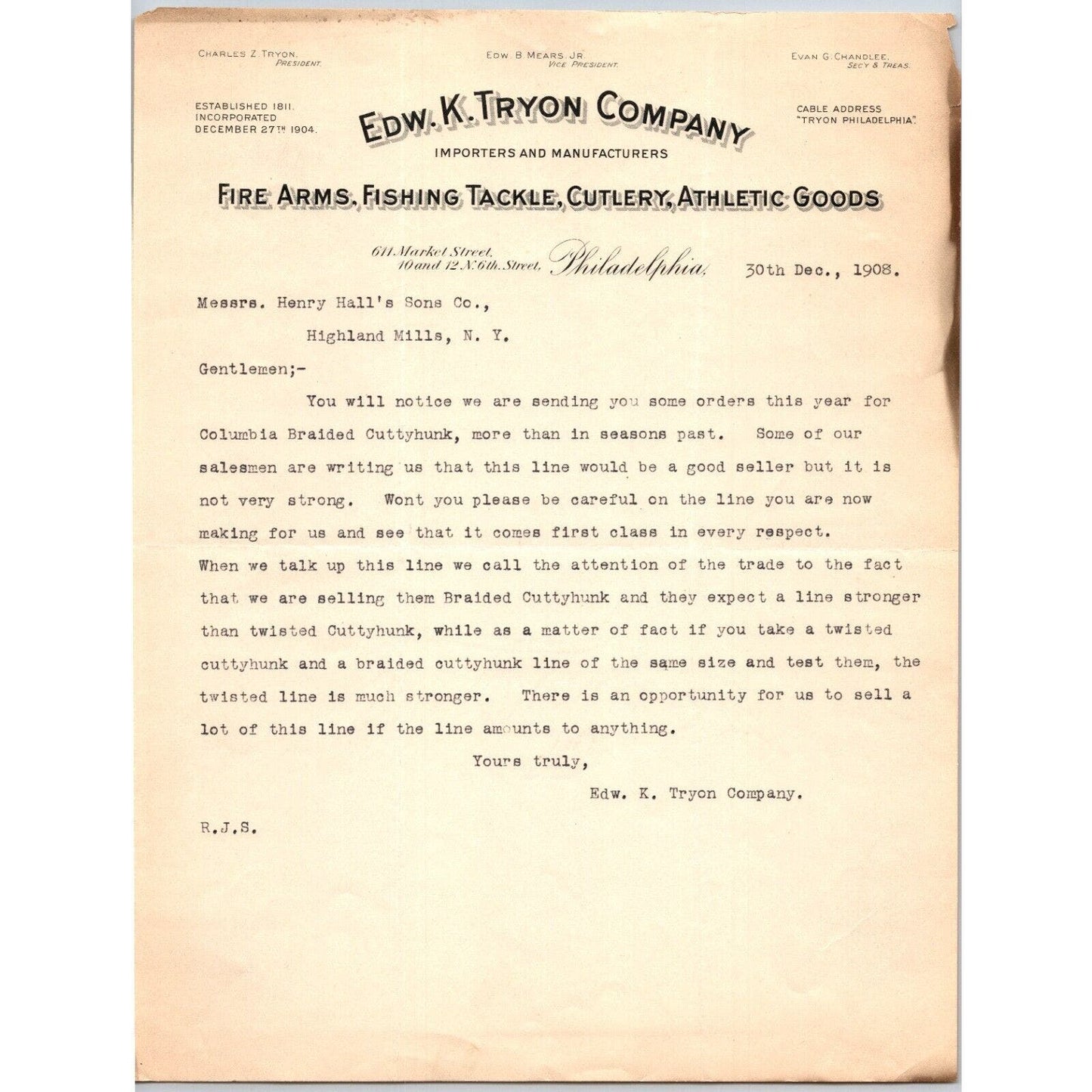 Philadelphia 1908 Edw. K. Tryon Jr. & Co. Fire Arms / Tackle Letterhead