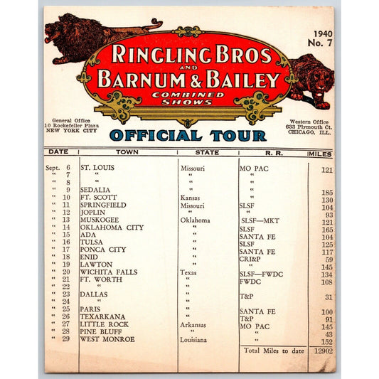 1940 Ringling Bros Barnum & Bailey Circus Route Card St. Louis Oklahoma City