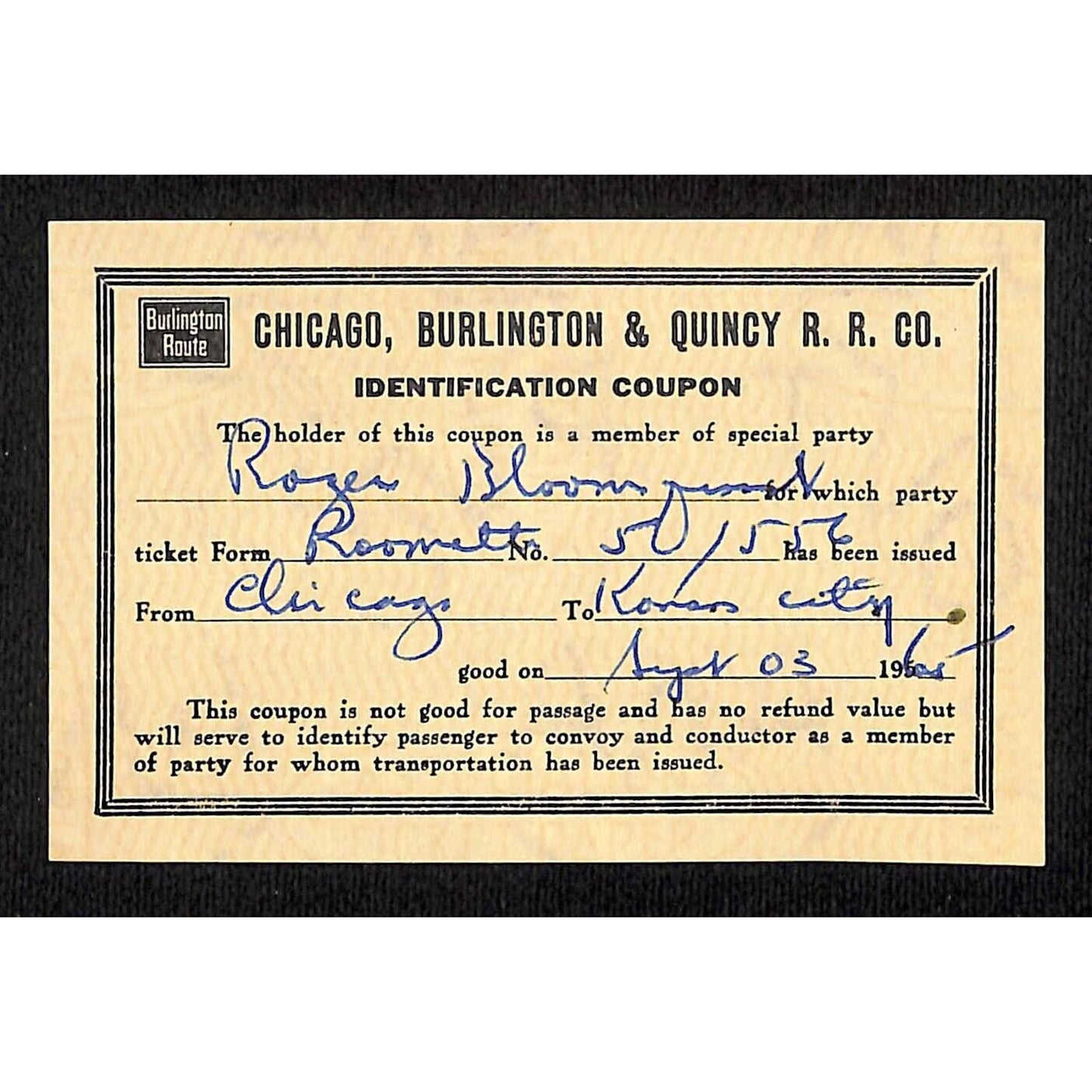 Chicago, Burlington & Quincy Railroad 1965 Identification Coupon