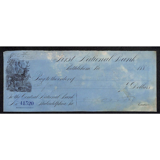 Bethlehem, PA 1886 First National Bank Check Colored Stock w/ Deer Vignette