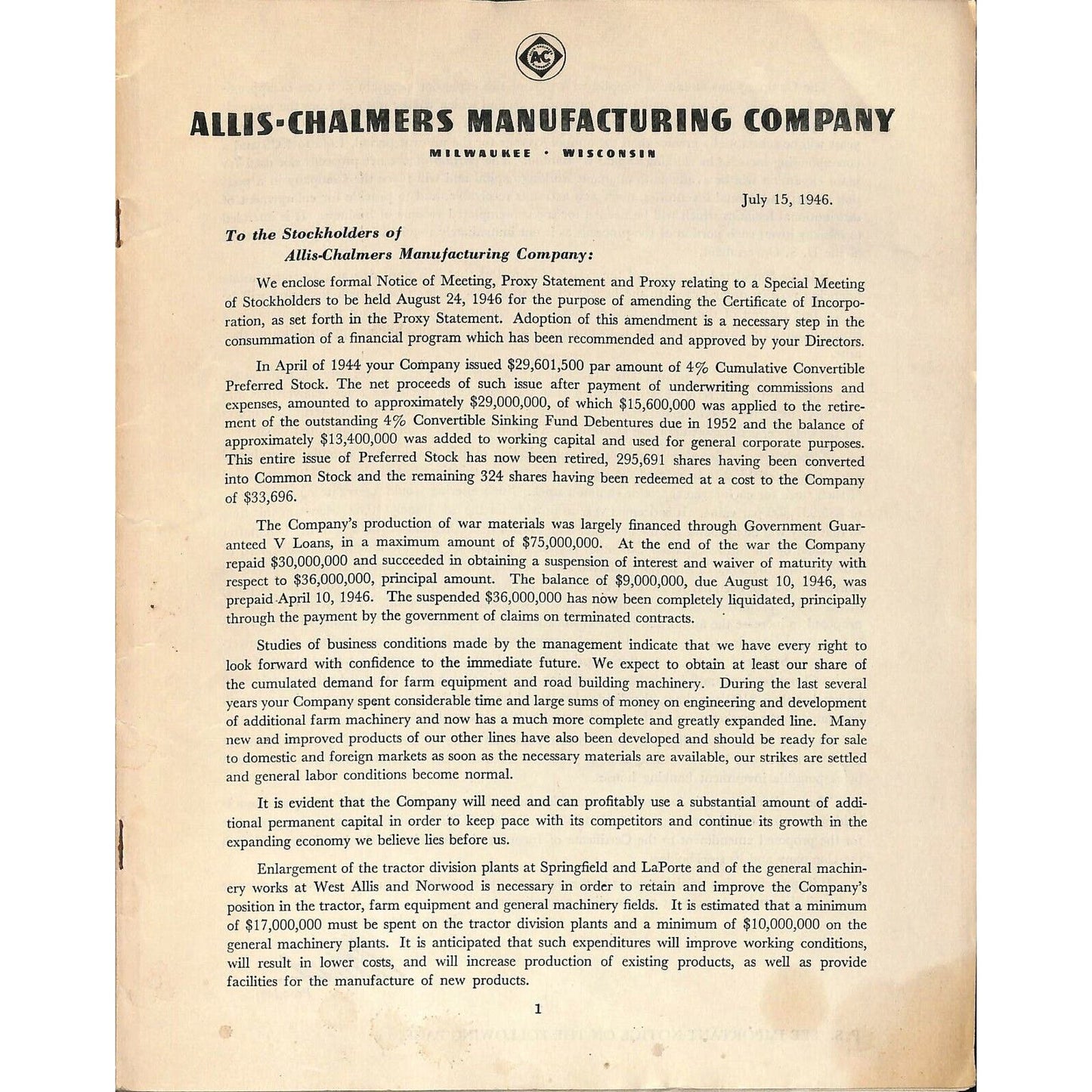Allis-Chalmers 1946 Financial Statement 38pp VGC / EXC