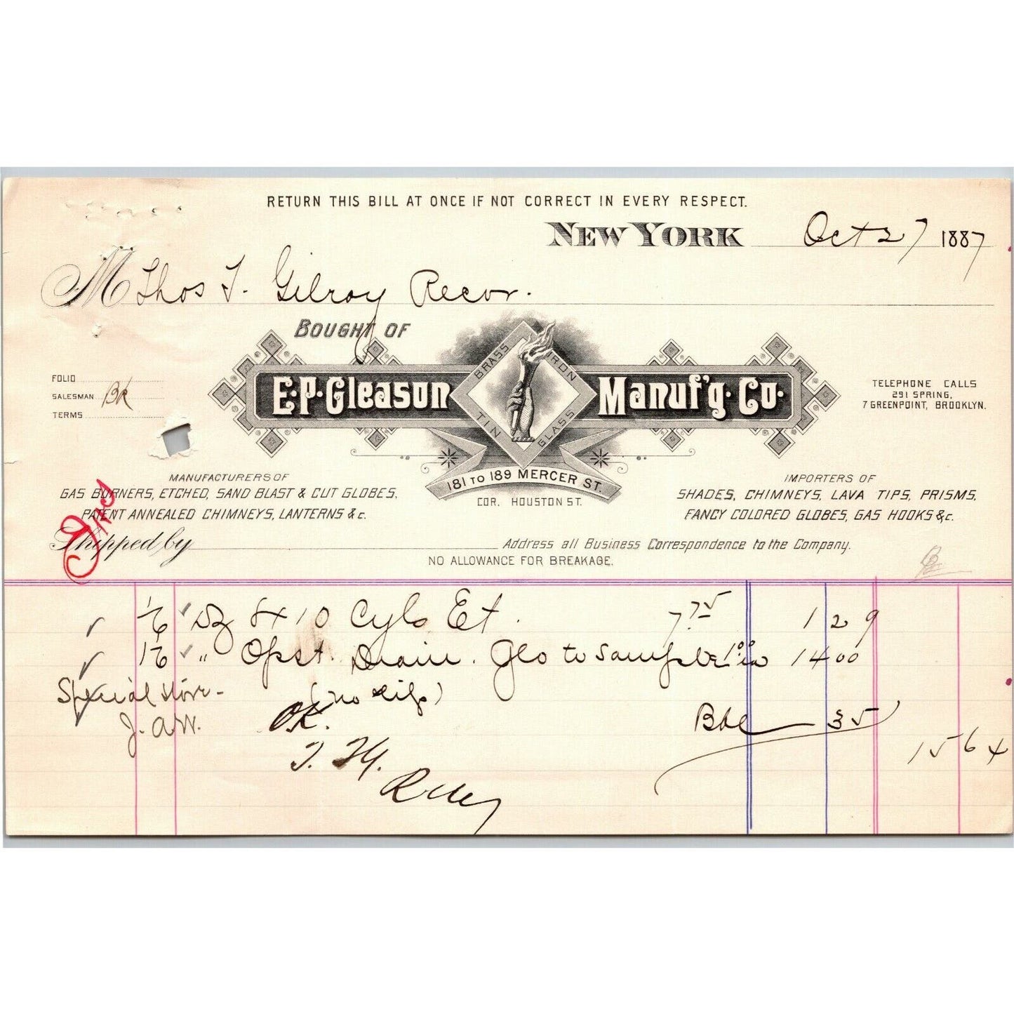1887 E. P. Gleason Chimneys Globes Shades Billhead Letterhead Mercer St. NYC