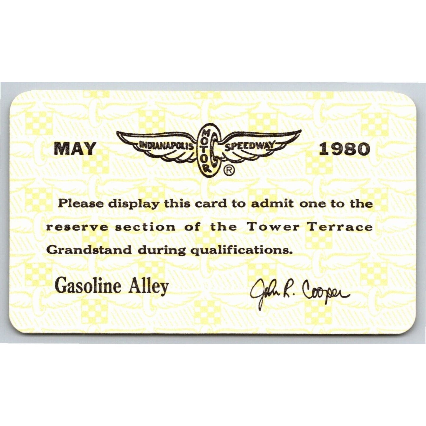 1980 Indy 500 Tower Terrace Qualifying Ticket Pass Card Gasoline Alley IMS VGC