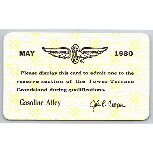 1980 Indy 500 Tower Terrace Qualifying Ticket Pass Card Gasoline Alley IMS VGC