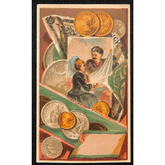 Nolan Old & New Books NYC "Coins" Victorian Trade Card "Dealing for Money"