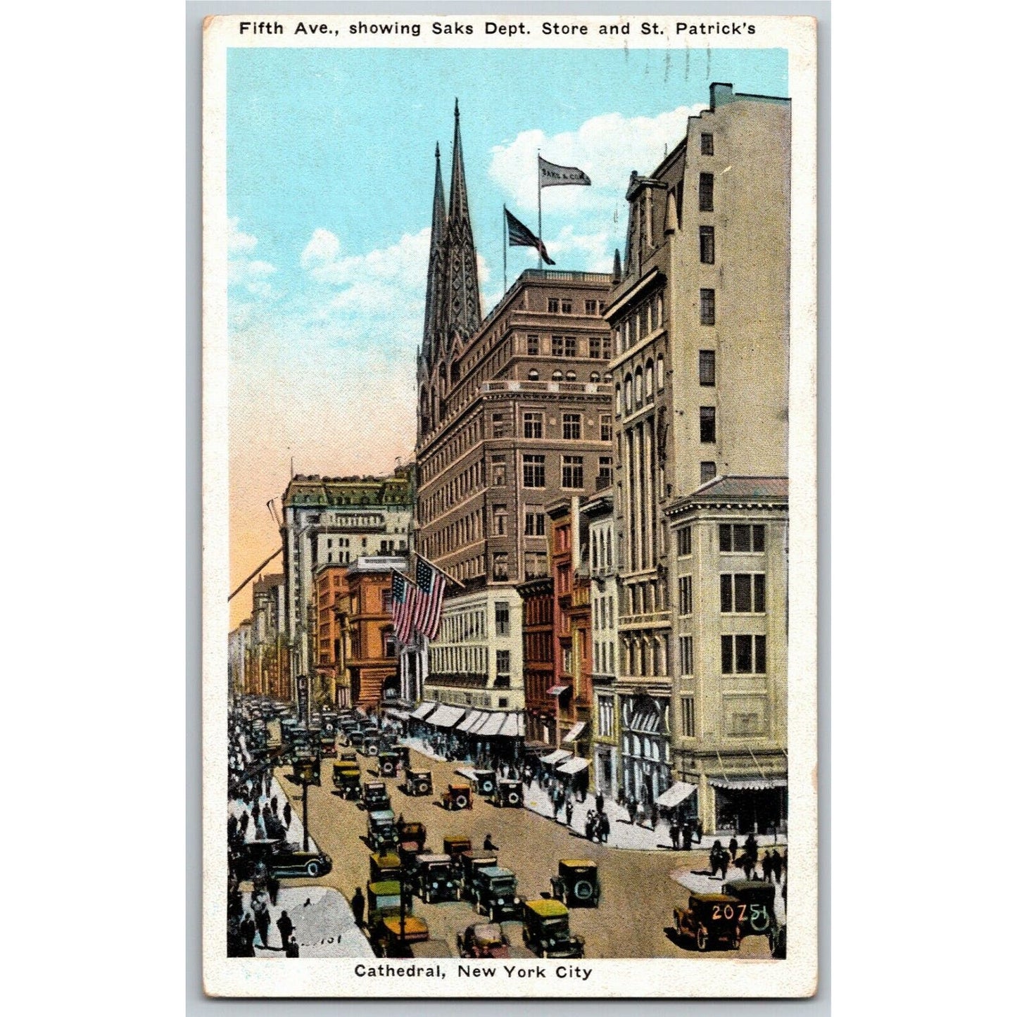 Vintage c1926 New York Postcard "Cathedral - 5th Ave., Showing Saks Dept."