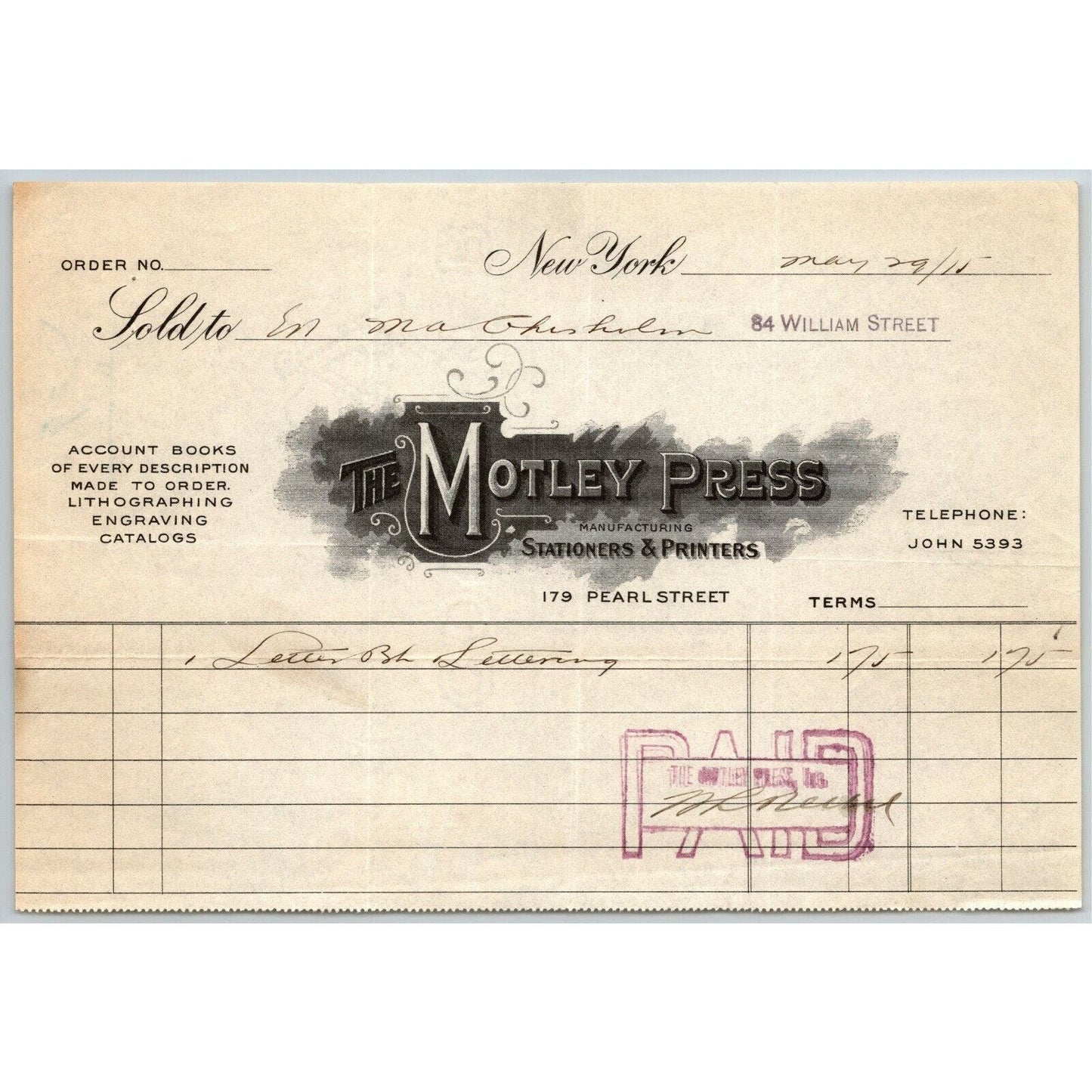 1915 "The Motley Press, Stationers & Printers" Billhead Letterhead Pearl St. NYC