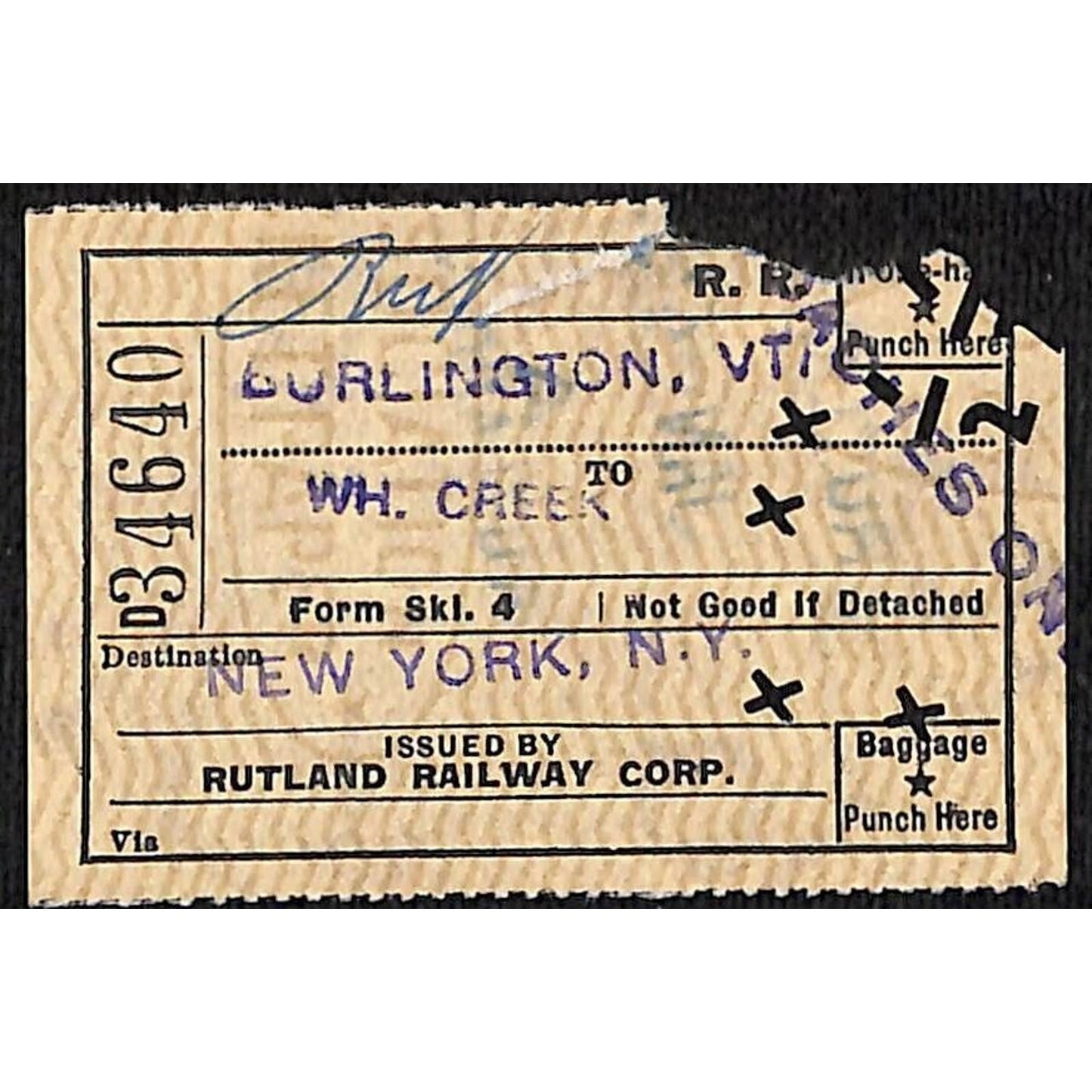 Rutland Railway Ticket / Stub Burlington White Creek NY,NY c1955 #34640