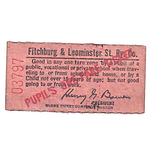 Fitchburg & Leominster Street Railway Railroad Ticket Pupil's #03797 Scarce