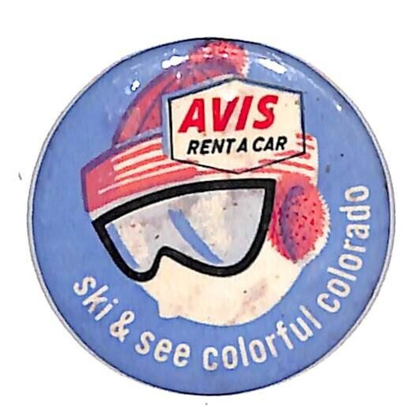 Avis Rent A Car Ski & See Colorful Colorado Steel Pinback Button c1960's-70's