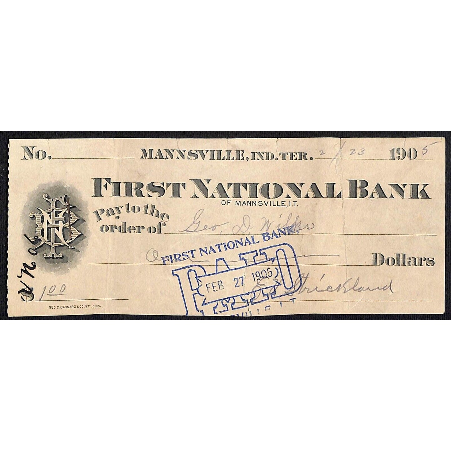 Mannsville, OK Indian Territory 1905 Territorial FNB Bank Check - Very Scarce