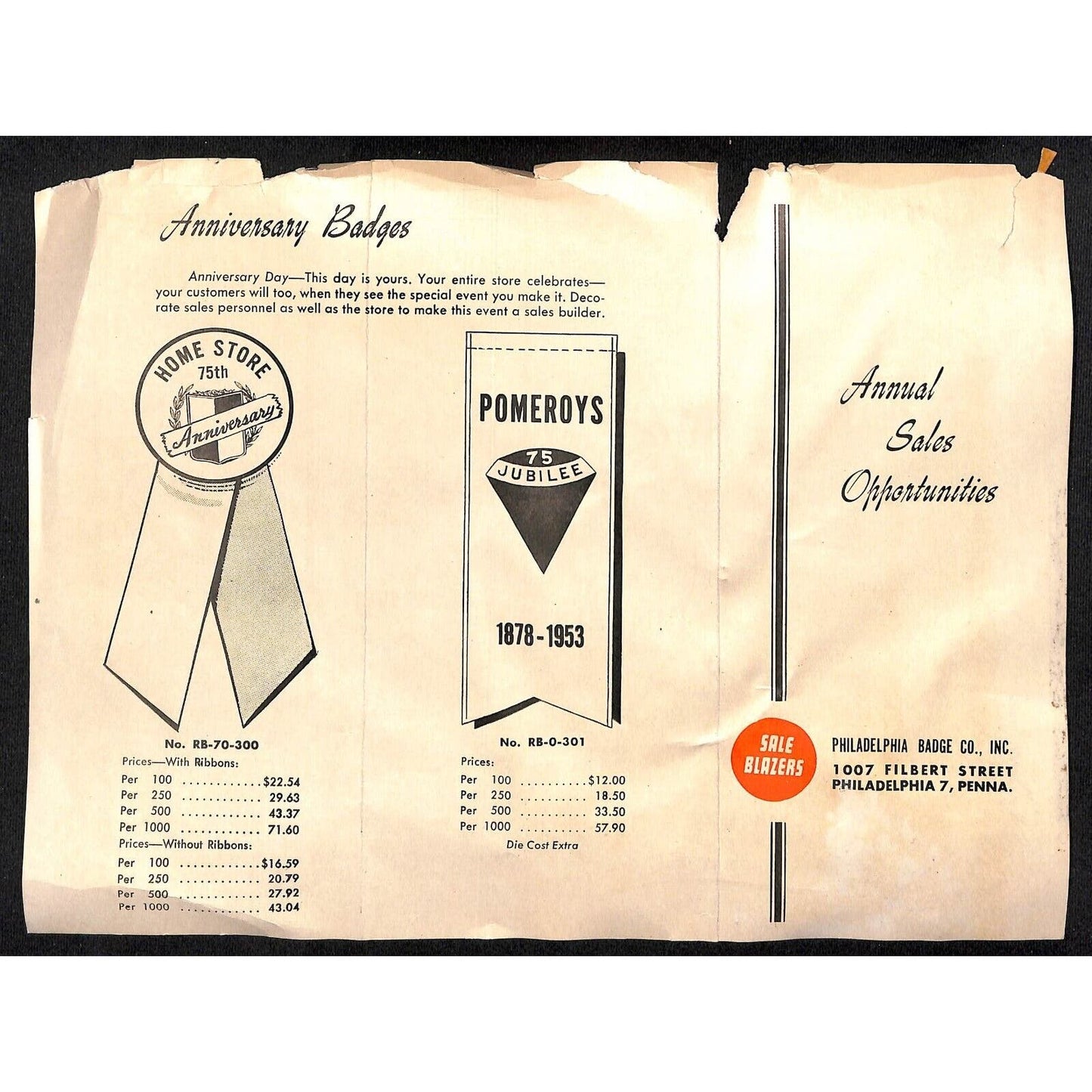 Group of 10 1950's Philadelphia Badge Co Pinback Button Flyer Sheets Letterheads