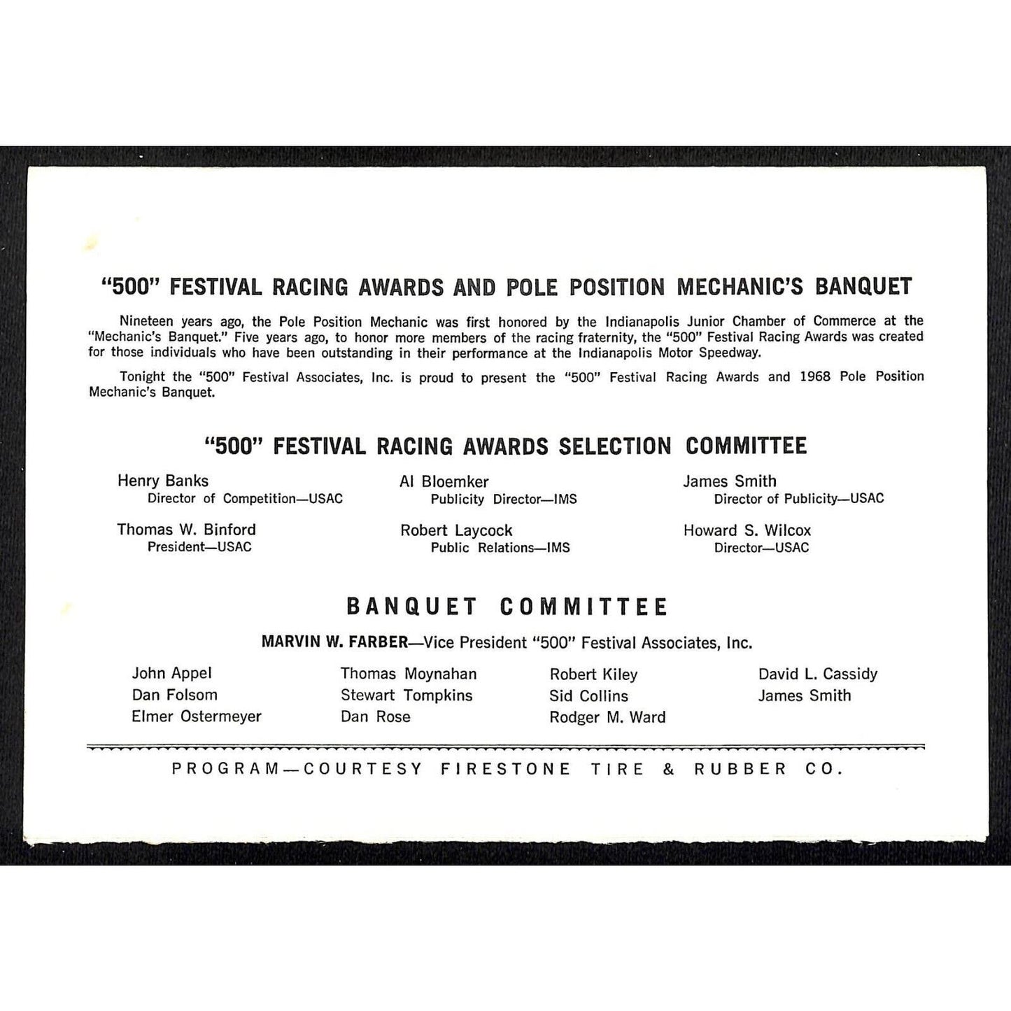 1968 Indy 500 "500 Festival" Racing Awards Mechanic's Banquet Program IMS Race