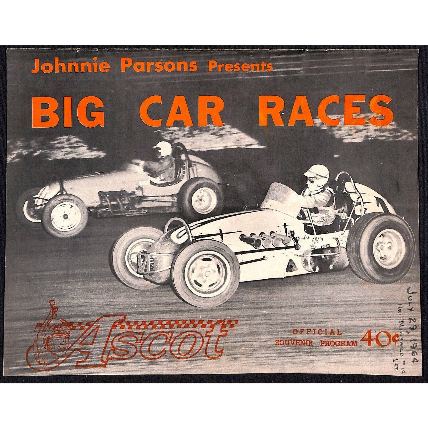 Scarce Jul 29 1964 Big Car Auto Racing CRA Program Ascot Gardena, CA 12pp.