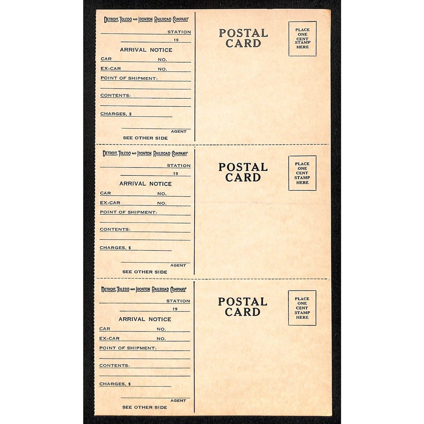 Detroit, Toledo and Ironton Railroad / c1949 Uncut Shipment Notice Postcards