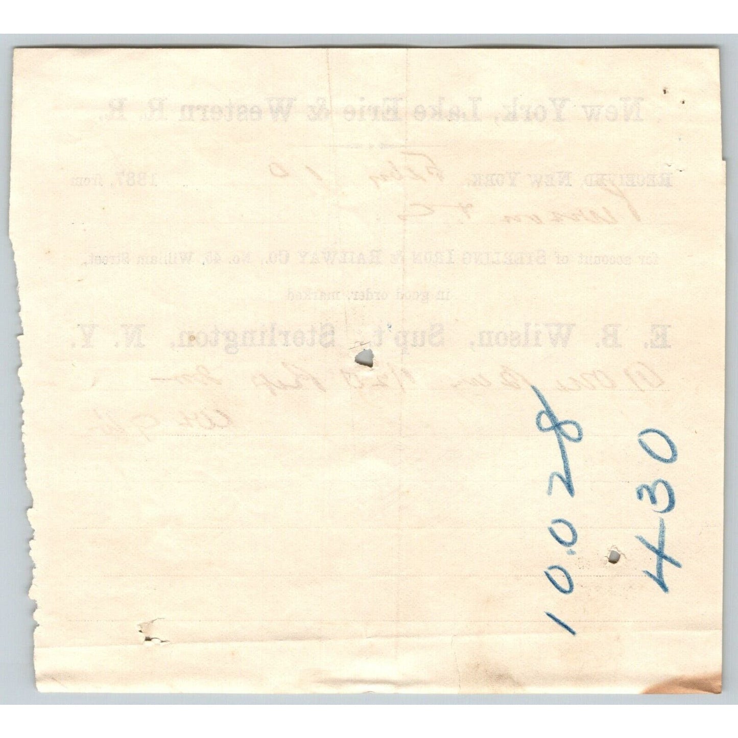 New York, Lake Erie & Western R.R. 1879 Railroad Freight Billhead Purson & Co.