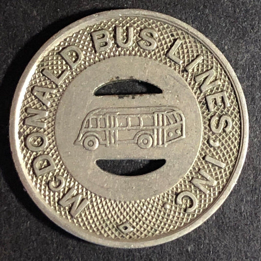 McDonald Bus Lines (Girard OH)WM G/F One 15¢ Fare Transit Bus Token - c1947 23mm