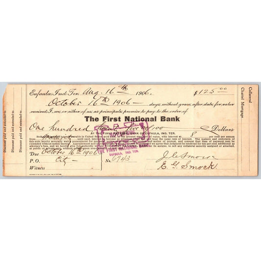 Eufaula Indian Territory Oklahoma FNB 1906 $125 Promissory Note Scarce
