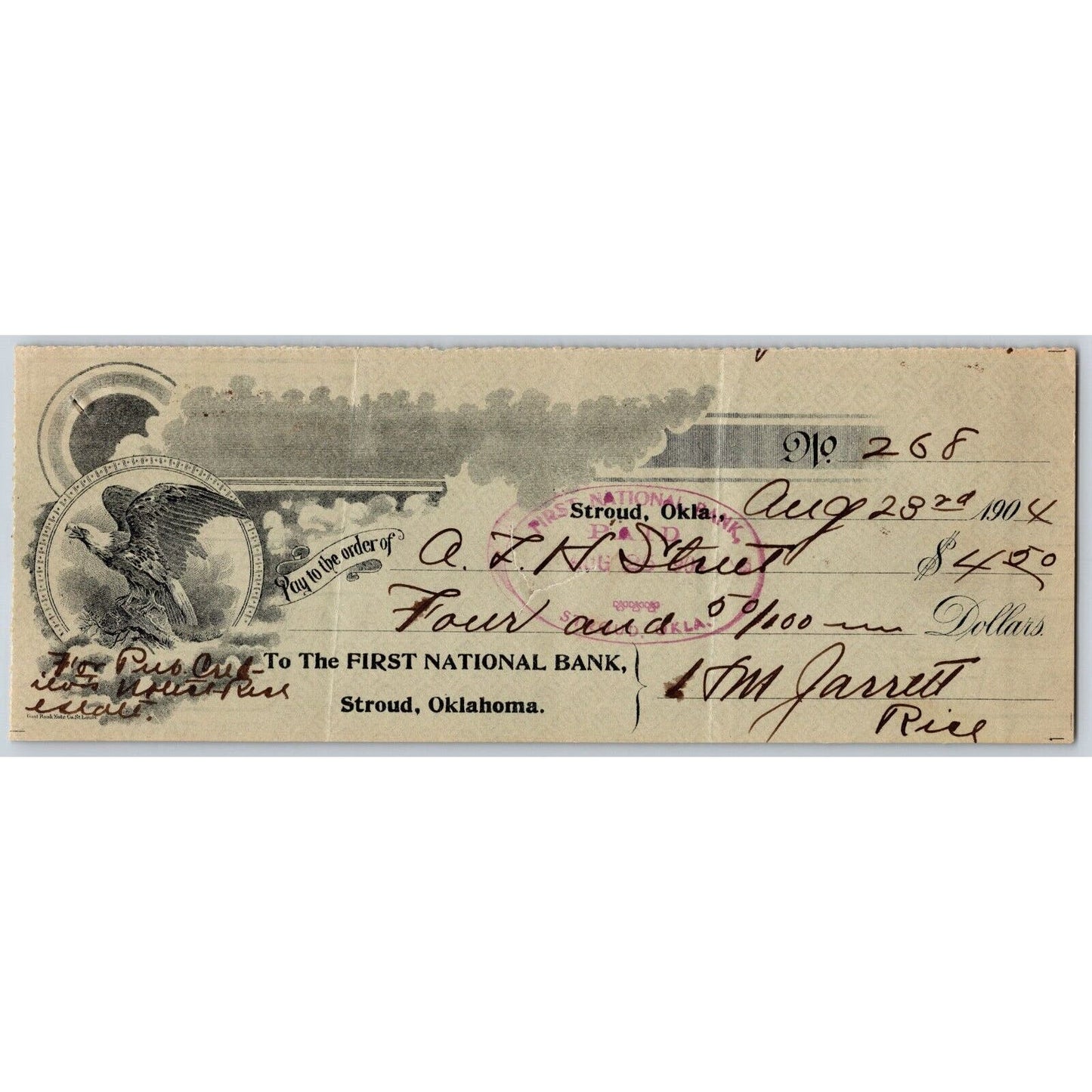 Stroud Oklahoma 1904 Bank Check First National Bank - Eagle Vignette