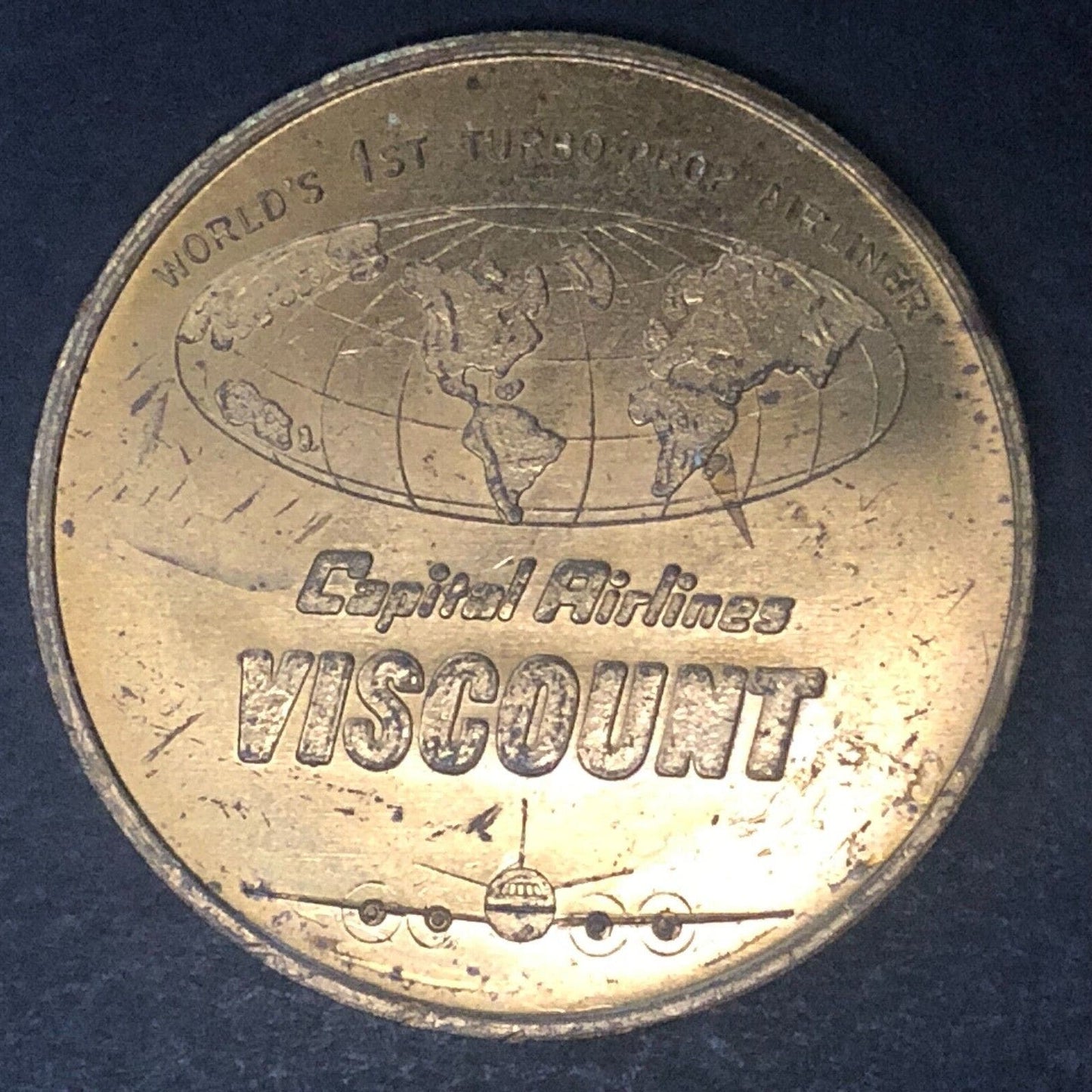 Capital Airlines Viscount 1st Turbo-Prop Airliner Rolls Royce Token Brass 29mm