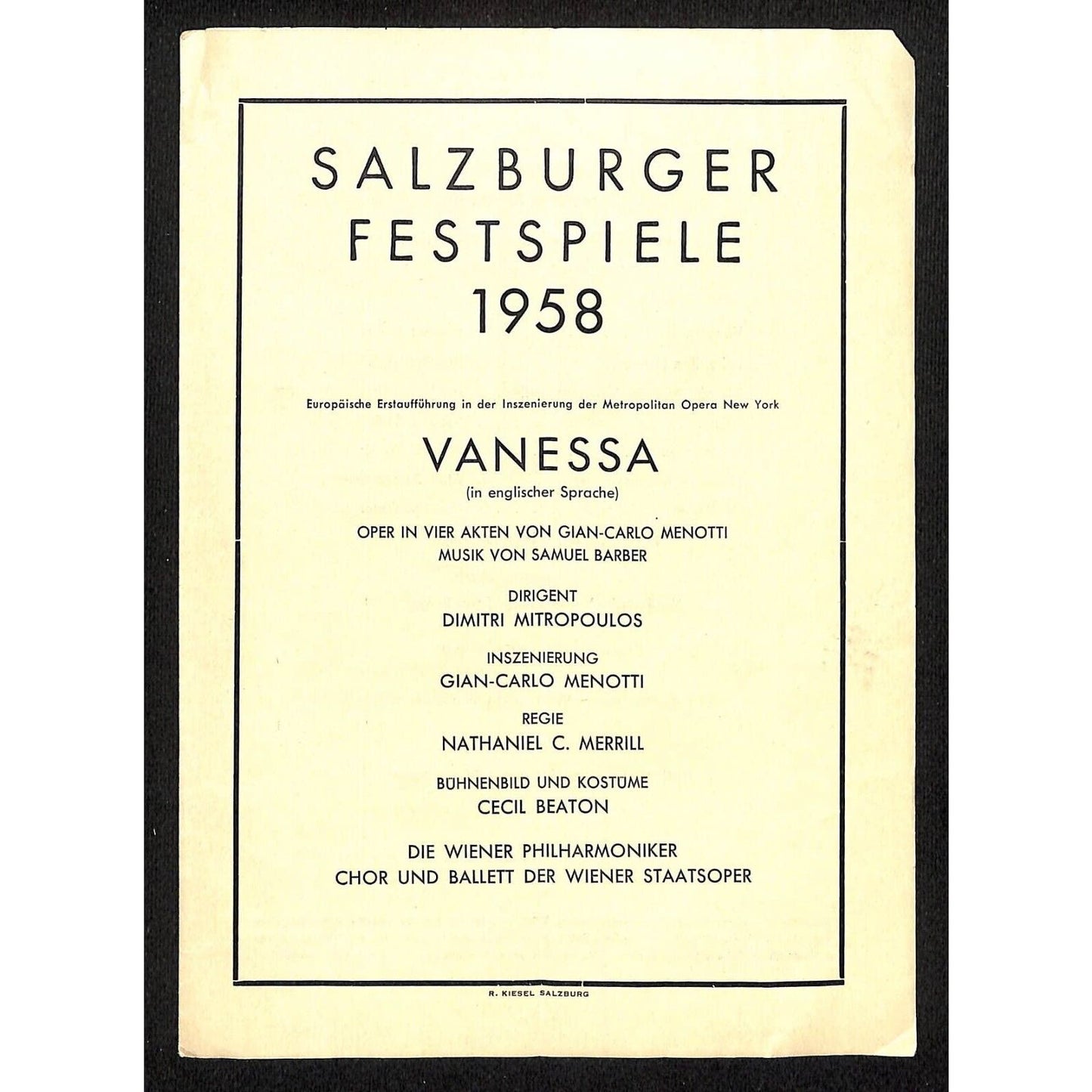 Salzburger Festspiele 1958 Program Samuel Barber Vanessa w/ 2 Tickets - Scarce