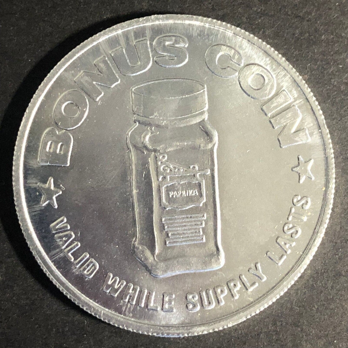 Enco Bonus Coin "Jar of Spice" w/ Fill-up Alum. Token 39mm c60's Scarce VGC