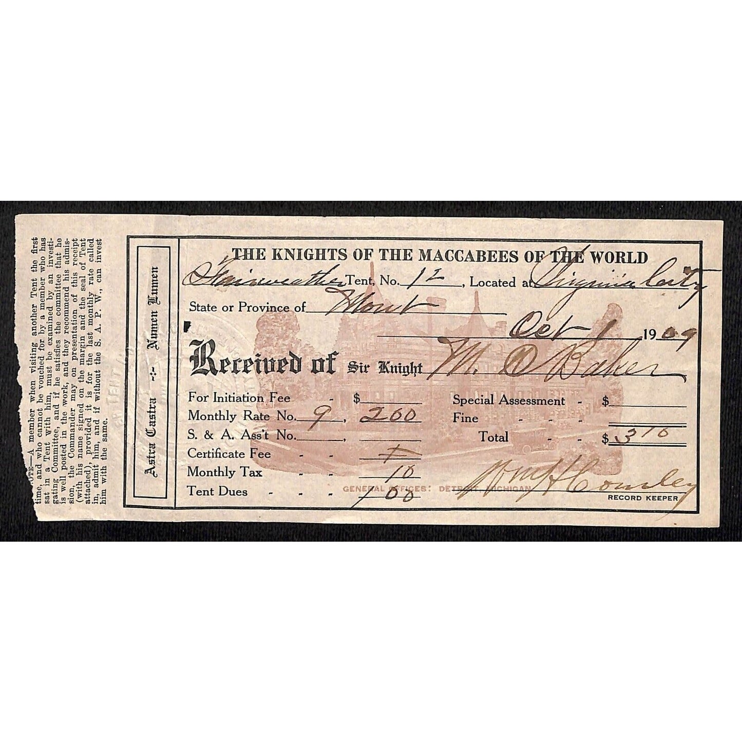 Virginia City, MT 1909 "Knights of the Maccabees of the World" Dues Receipt