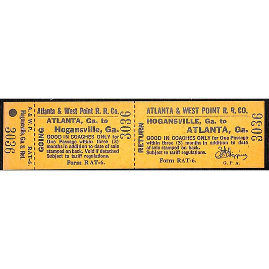Atlanta & West Point Railroad Unused Ticket w/ Stub Hogansville, GA #3036 VOID*