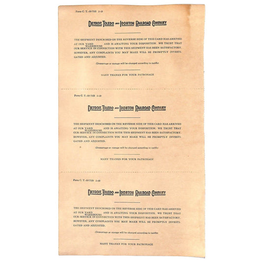 Detroit, Toledo and Ironton Railroad c1949 Uncut Shipment Notice Postcards