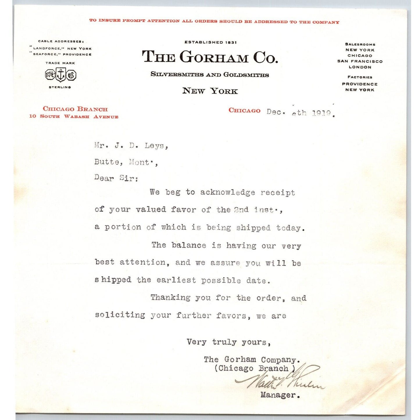 Gorham Co. Silversmiths to "Leys" Jewelers Butte, MT 1919 Letterhead 2nd Payment