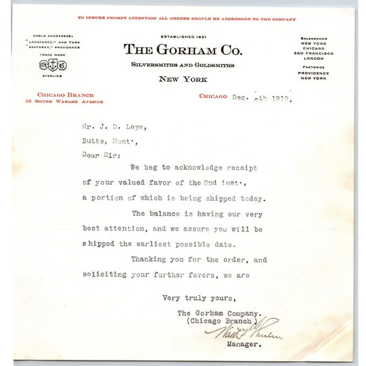 Gorham Co. Silversmiths to "Leys" Jewelers Butte, MT 1919 Letterhead 2nd Payment