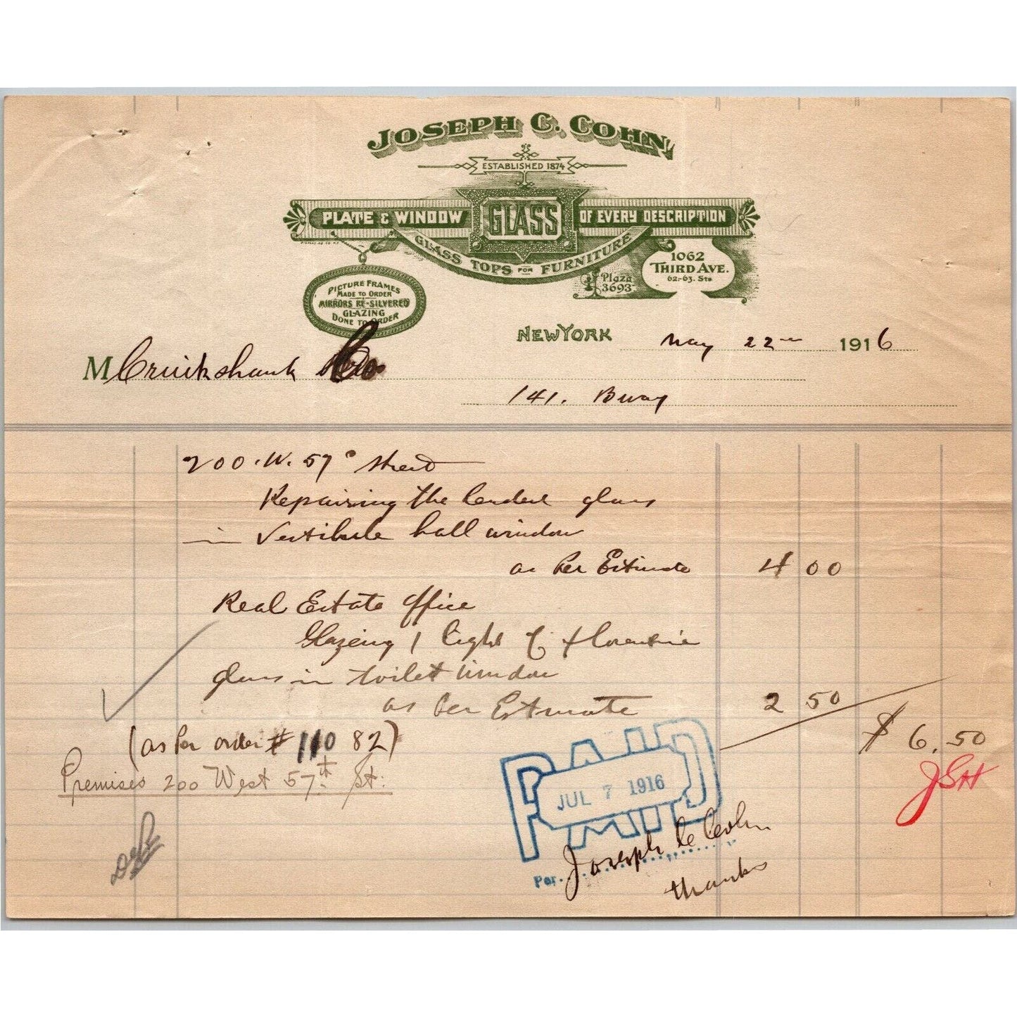1916 "Joseph & Cohn" Plate Window Frame Glass Billhead Letterhead Third Ave NYC