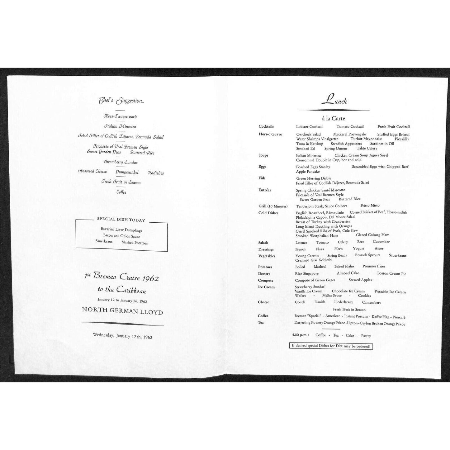 1962 North German Lloyd Bremen Cruise Line Lunch Menu Jan 17