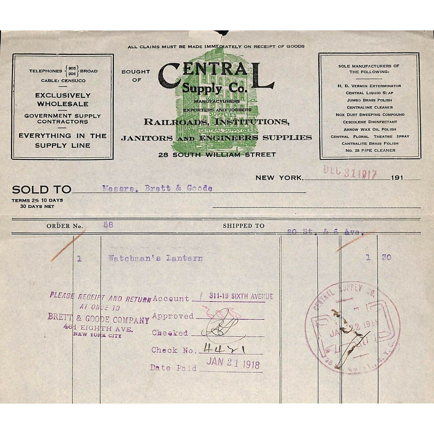 1917 Central Supply Co. Soap Brass Polish Billhead Letterhead South William NYC